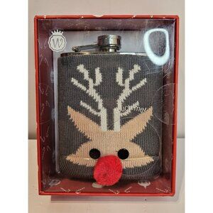 Stainless Steel Flask 7 Oz, With Reindeer. Sweater Koozie, NEW Boxed